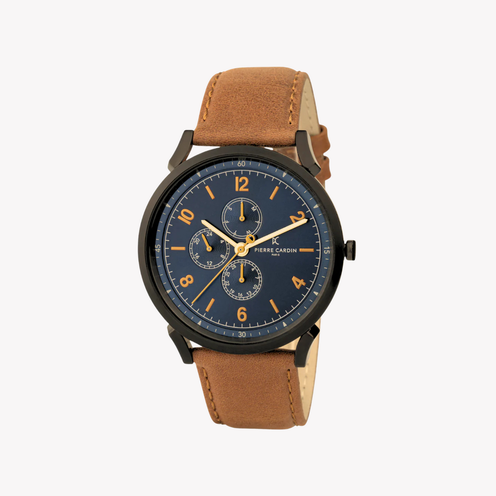 Pierre Cardin Men's Blue Dial Watch, Brown Leather Band | Cpi.2084