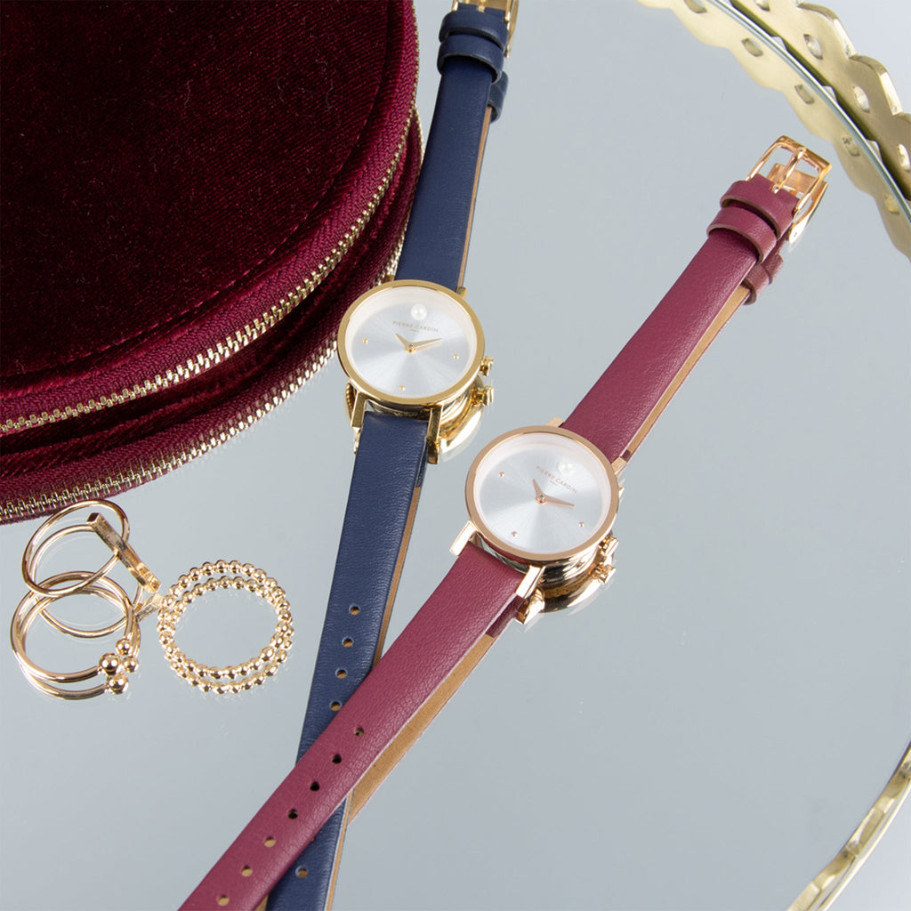 Pierre Cardin Women's Burgundy Leather Watch, Silver Dial | Ccm.0507