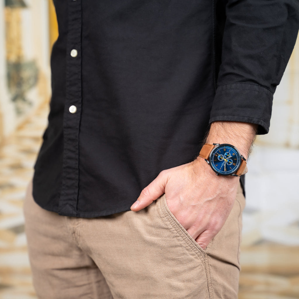 Pierre Cardin Men's Blue Dial Watch, Brown Leather Band | Cpi.2084